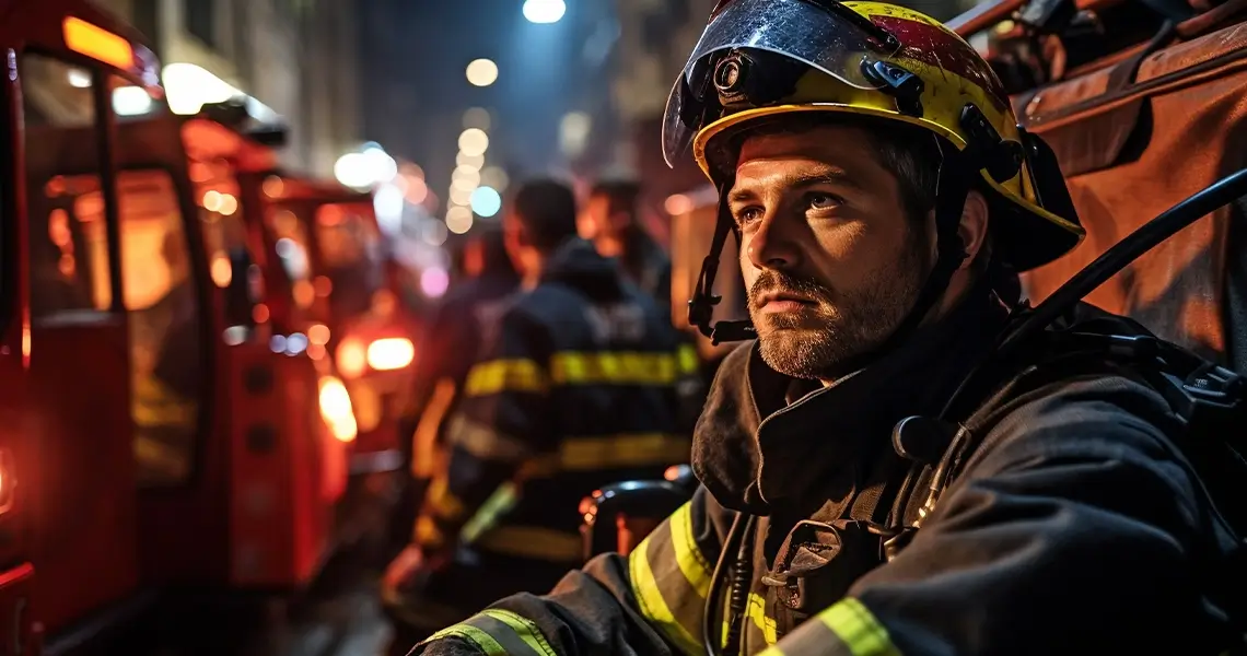 Feuerwehrmann im Einsatz, im Hintergrund weitere Feuerwehrmänner