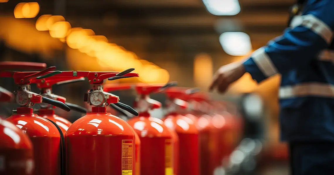 Feuerlöscher stehen in einer Reihe, Hand greift nach einem Feuerlöscher