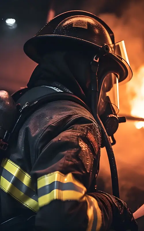 Feuerwehrmann mit Helm und Sauerstoffmaske vor Feuer